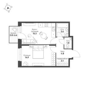 1-к квартира, строящийся дом, 43м2, 5/16 этаж