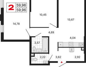 2-к квартира, вторичка, 60м2, 1/25 этаж