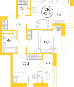 2-к квартира, вторичка, 58м2, 17/25 этаж