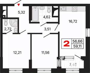 2-к квартира, вторичка, 59м2, 5/25 этаж