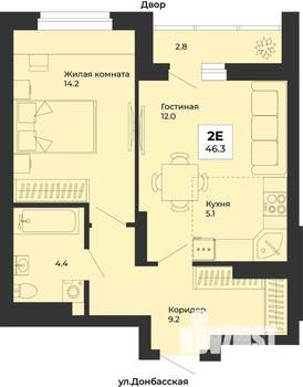 2-к квартира, строящийся дом, 46м2, 18/25 этаж