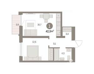 1-к квартира, вторичка, 43м2, 6/16 этаж