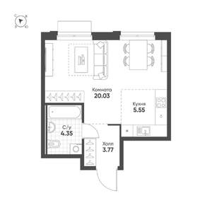 Студия квартира, строящийся дом, 34м2, 4/25 этаж