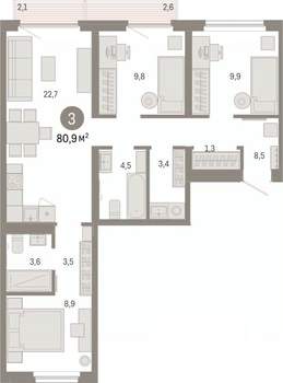 3-к квартира, вторичка, 81м2, 7/9 этаж