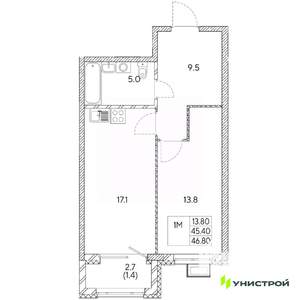 1-к квартира, вторичка, 47м2, 21/31 этаж