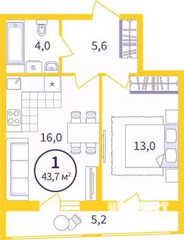 1-к квартира, вторичка, 41м2, 6/8 этаж