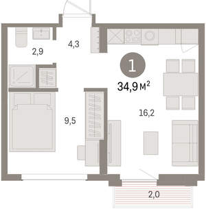 1-к квартира, вторичка, 35м2, 4/9 этаж