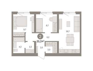 2-к квартира, вторичка, 55м2, 2/8 этаж