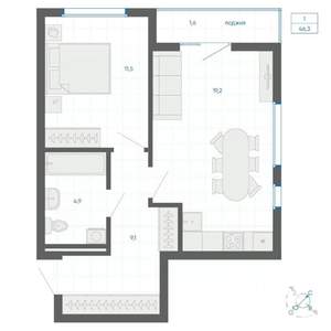 1-к квартира, строящийся дом, 46м2, 15/32 этаж