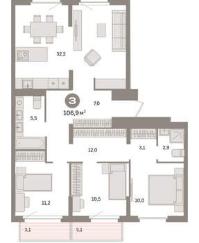 3-к квартира, вторичка, 107м2, 8/9 этаж