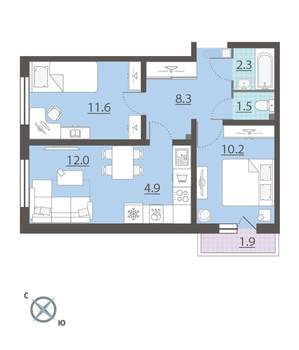 2-к квартира, вторичка, 51м2, 3/8 этаж