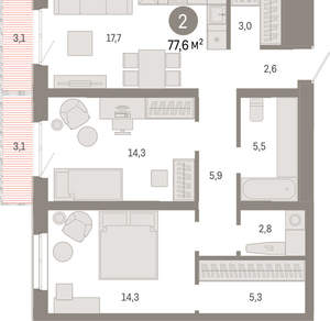 2-к квартира, вторичка, 78м2, 9/24 этаж