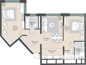 2-к квартира, строящийся дом, 95м2, 25/27 этаж
