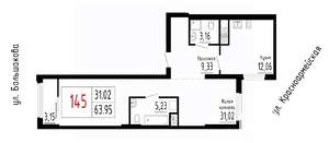 1-к квартира, строящийся дом, 64м2, 2/25 этаж