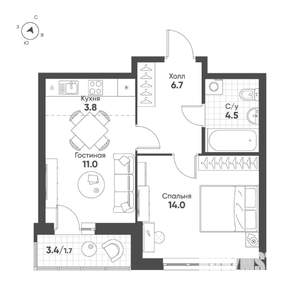 1-к квартира, строящийся дом, 42м2, 6/15 этаж