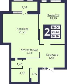 2-к квартира, сданный дом, 66м2, 4/11 этаж