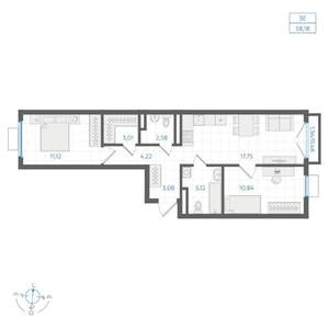2-к квартира, строящийся дом, 58м2, 4/4 этаж