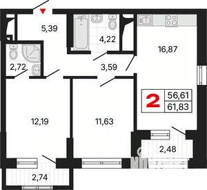 2-к квартира, вторичка, 62м2, 17/25 этаж