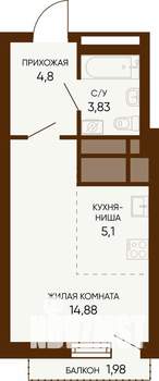 1-к квартира, строящийся дом, 29м2, 24/24 этаж