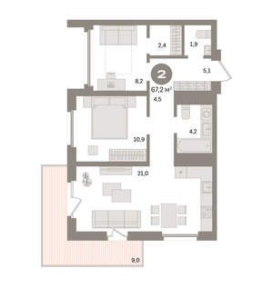 2-к квартира, вторичка, 67м2, 9/24 этаж