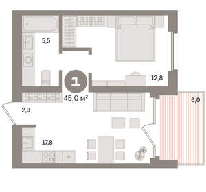 1-к квартира, вторичка, 45м2, 8/24 этаж