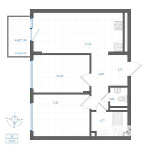 2-к квартира, вторичка, 54м2, 1/4 этаж