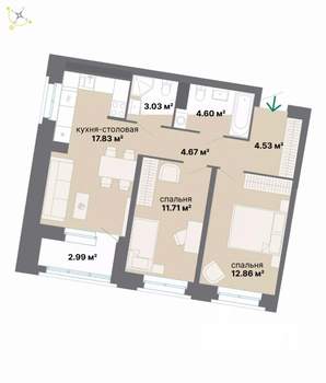 2-к квартира, вторичка, 62м2, 3/9 этаж