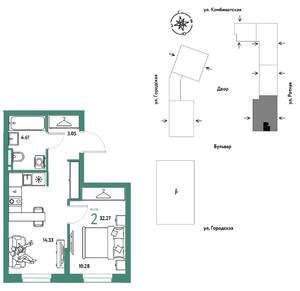 2-к квартира, строящийся дом, 32м2, 14/24 этаж