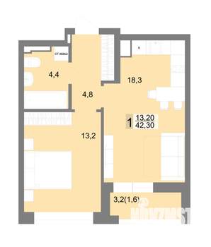 1-к квартира, вторичка, 42м2, 6/25 этаж