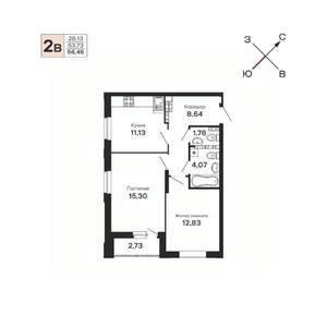 2-к квартира, строящийся дом, 56м2, 21/21 этаж