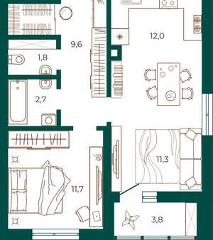 2-к квартира, вторичка, 53м2, 12/25 этаж