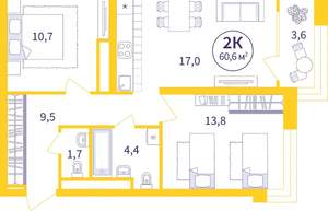 2-к квартира, вторичка, 59м2, 17/25 этаж