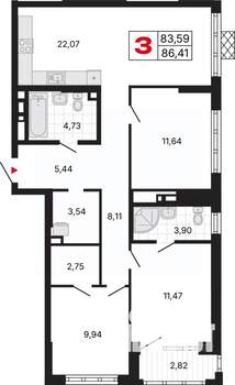 3-к квартира, вторичка, 86м2, 2/30 этаж