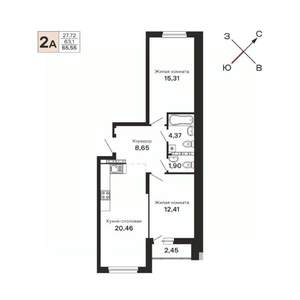 2-к квартира, строящийся дом, 66м2, 10/21 этаж