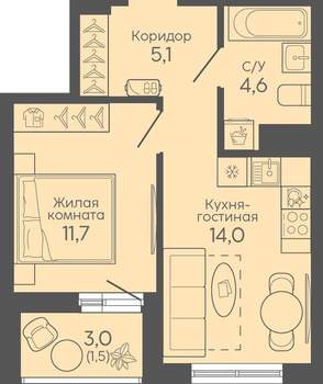 1-к квартира, вторичка, 37м2, 3/16 этаж