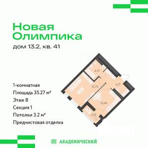 1-к квартира, вторичка, 35м2, 8/8 этаж