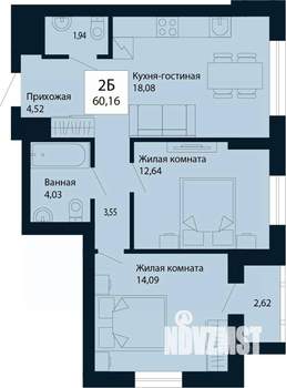 2-к квартира, строящийся дом, 60м2, 4/30 этаж