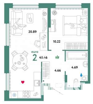 2-к квартира, вторичка, 41м2, 2/15 этаж
