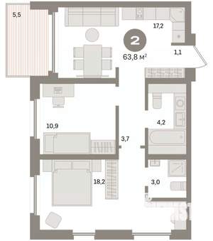 2-к квартира, вторичка, 64м2, 15/24 этаж