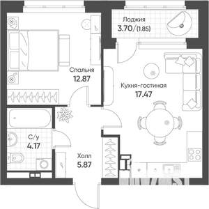 1-к квартира, вторичка, 42м2, 13/16 этаж