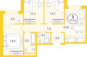 3-к квартира, вторичка, 73м2, 7/9 этаж