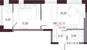 1-к квартира, вторичка, 43м2, 15/25 этаж