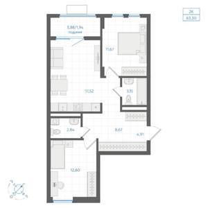 2-к квартира, строящийся дом, 63м2, 4/4 этаж