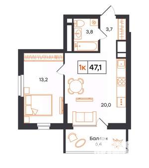 1-к квартира, вторичка, 47м2, 18/21 этаж