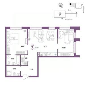 3-к квартира, вторичка, 66м2, 24/24 этаж