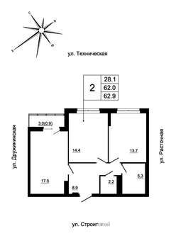 2-к квартира, строящийся дом, 63м2, 17/19 этаж