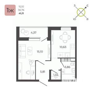 1-к квартира, строящийся дом, 41м2, 20/23 этаж