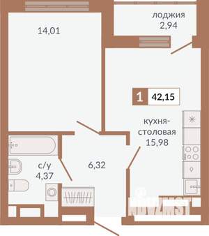 1-к квартира, строящийся дом, 42м2, 24/31 этаж