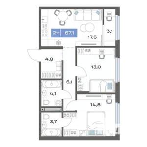2-к квартира, строящийся дом, 67м2, 12/17 этаж