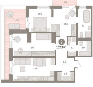 2-к квартира, вторичка, 103м2, 7/8 этаж